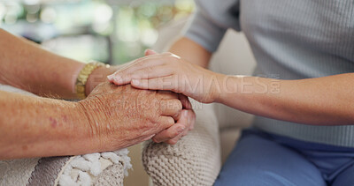 Senior care, support and hands of person with caregiver, advice or trust in health insurance at nursing home. Conversation, homecare and elderly patient on couch with nurse, consultation or kindness