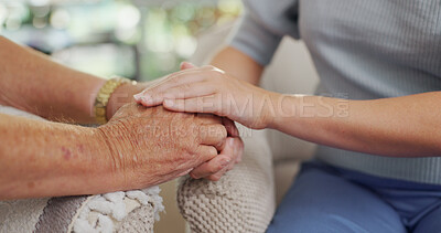 Buy stock photo Holding hands, senior woman and child with kindness, comfort and sympathy with compassion. Retirement, closeup and pensioner with worship, prayer and empathy with trust, support or grief with loss