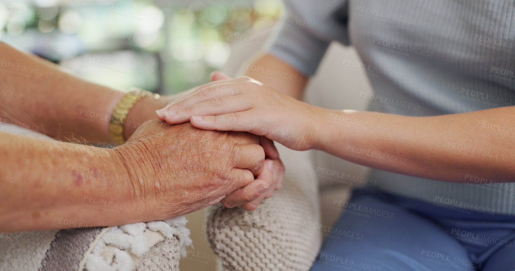 Buy stock photo Holding hands, senior woman and child with kindness, comfort and sympathy with compassion. Retirement, closeup and pensioner with worship, prayer and empathy with trust, support or grief with loss