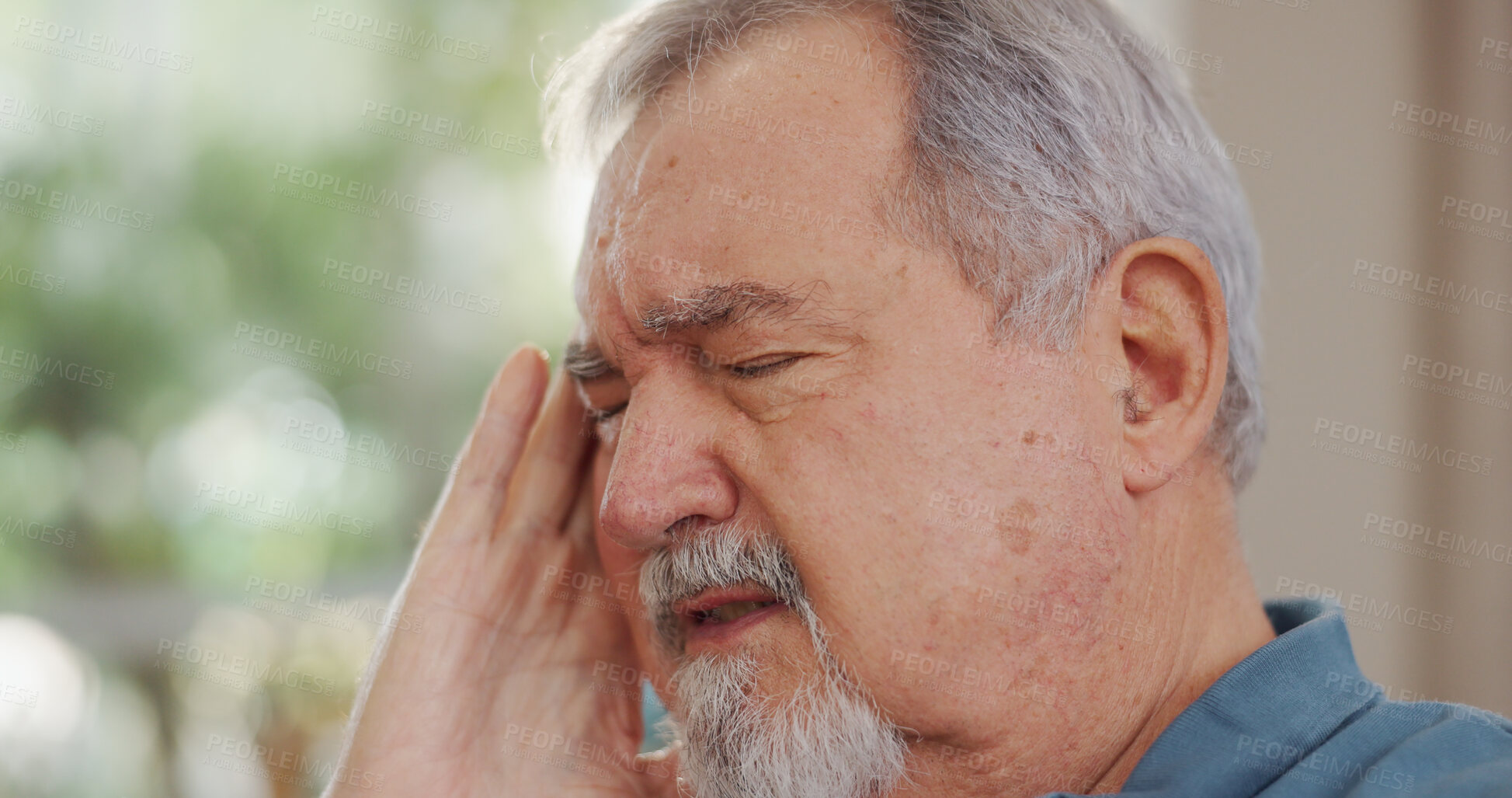 Buy stock photo Stress, headache and senior man in living room with sickness, exhaustion or burnout at home. Tired, migraine and elderly person in retirement with medical emergency for illness in lounge at house.