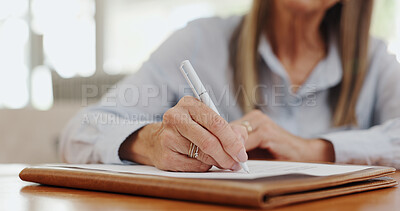 Application, hands writing and retirement home document with tab and checklist for agreement. Paperwork, person and registration for accommodation with information for policy and healthcare survey