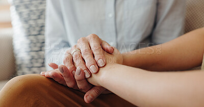 Senior, woman and child with holding hands for support with rehab, sympathy or compassion in retirement. Elderly, patient or family friend with kindness, comfort and trust with homecare visit closeup