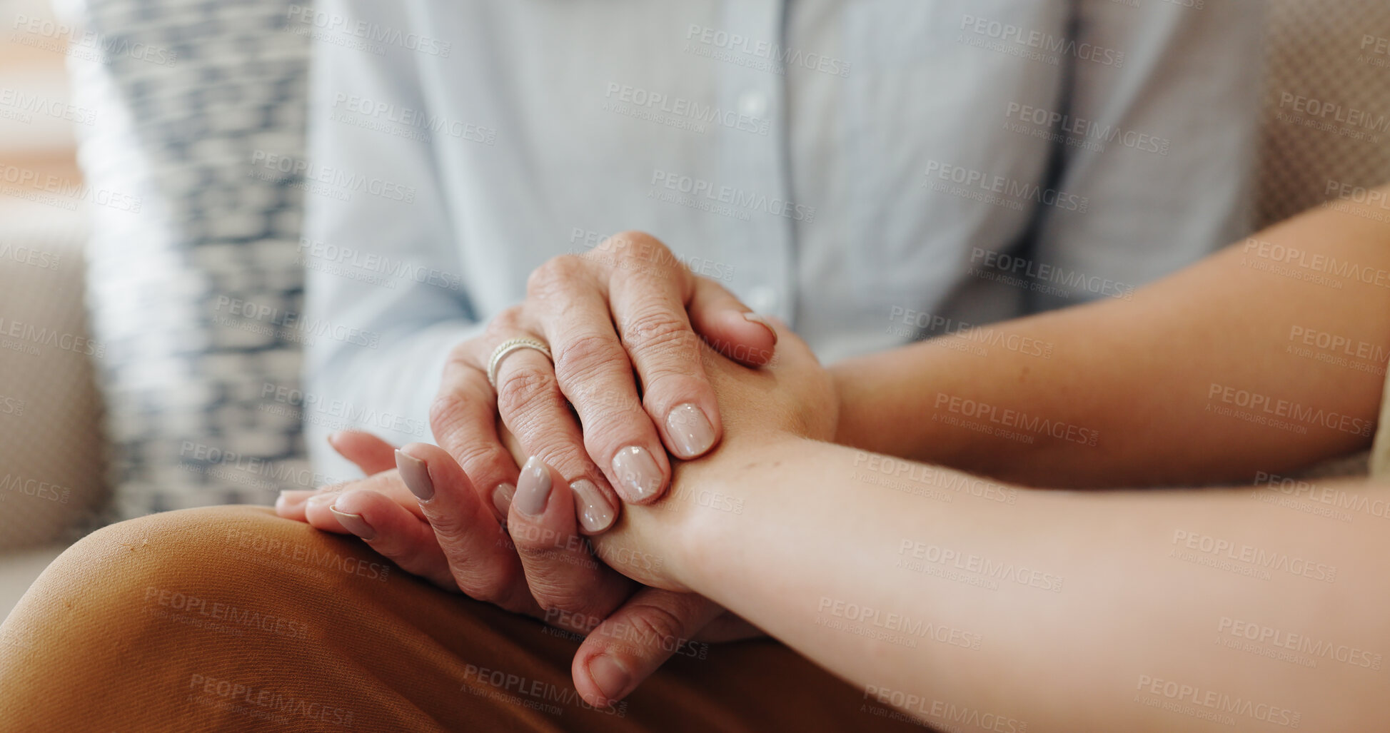 Buy stock photo Holding hands, senior woman and child with support, comfort and sympathy with compassion. Retirement, closeup and pensioner with kid, family friend and empathy with trust, kindness or grief with loss