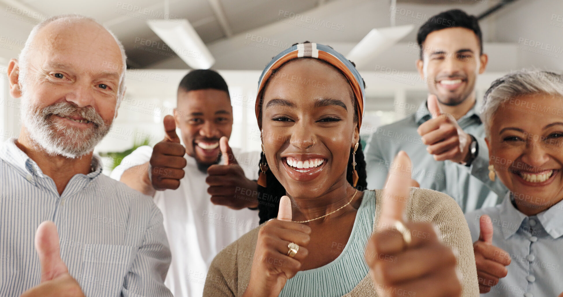 Buy stock photo Business people, face and thumbs up for success, celebration and teamwork in office support. Portrait, group and hands with like, yes and okay for good job, winning and well done for project goals