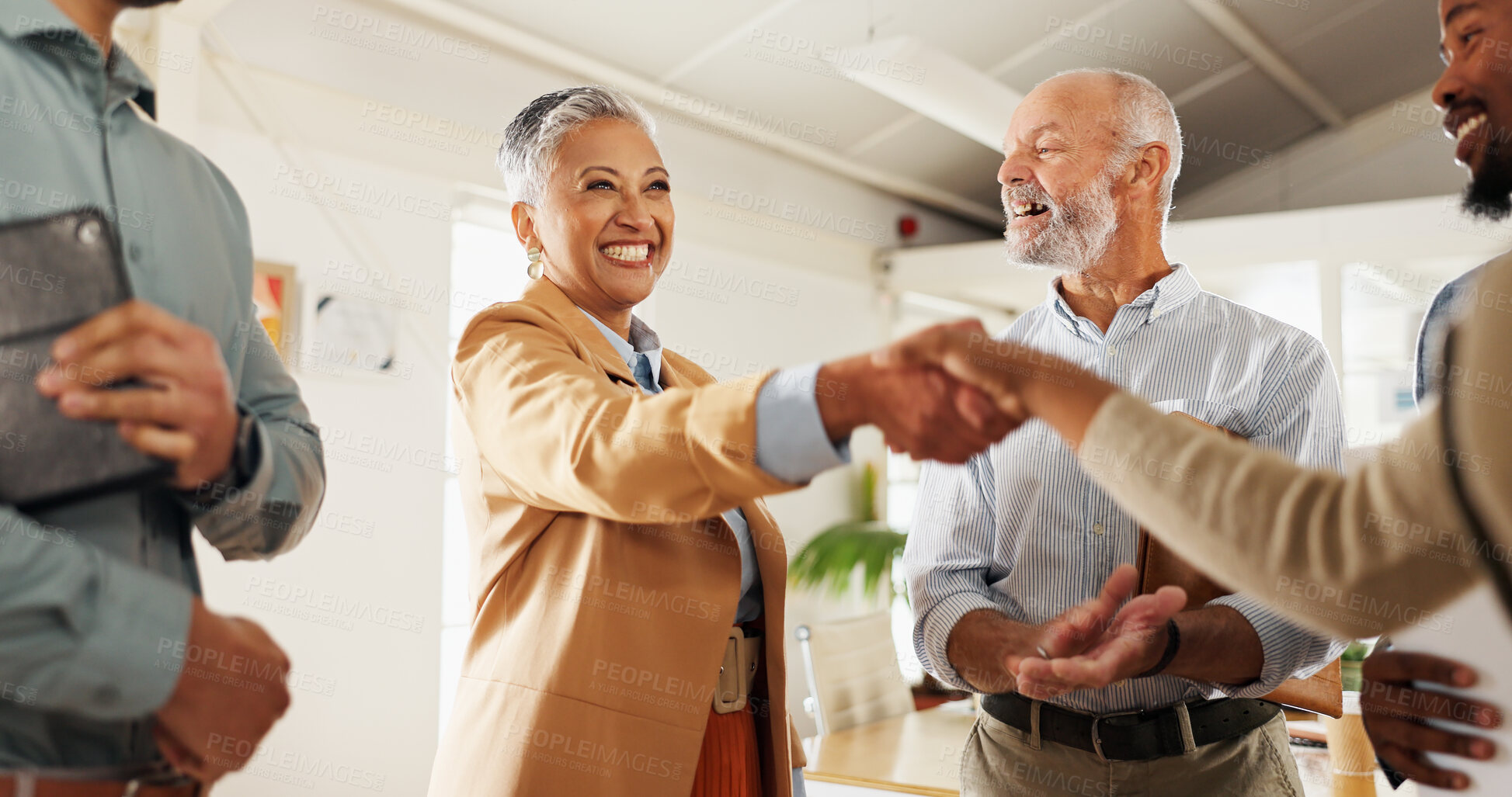 Buy stock photo Business woman, handshake and applause deal with smile, negotiation and b2b agreement with diversity. Executive staff, shaking hands and happy for contract, hiring or goals with celebration in office