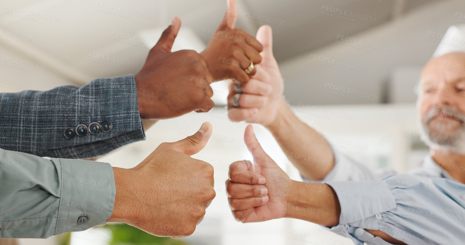 Buy stock photo Business people, hands and thumbs up for success, support and teamwork in office collaboration. Worker, group or circle with like, yes and okay for good job, winning and well done for project goals