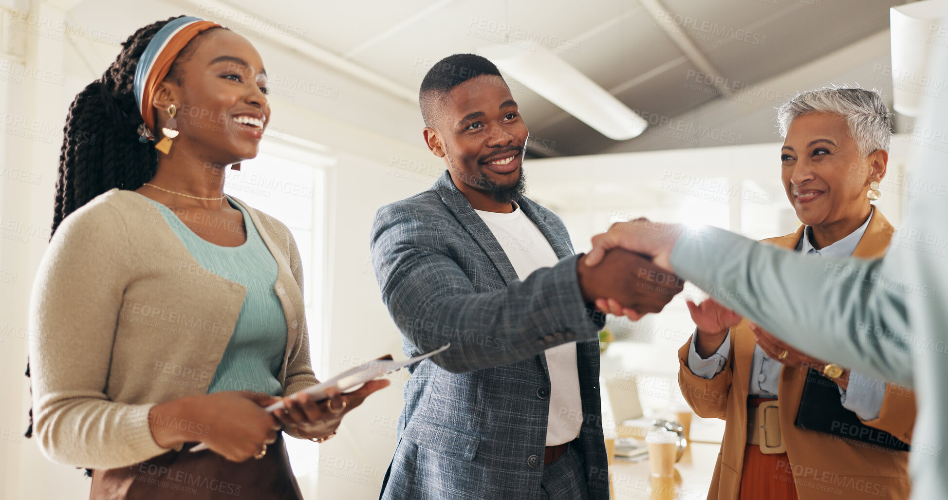 Buy stock photo Hiring, applause and business people with handshake in office celebration for interview, success or congratulations. Recruitment, onboarding or man shaking hands with hr for b2b deal or thank you