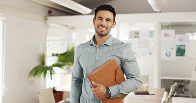 Business man, startup and face with smile in modern office with confidence, pride and excited for career growth. Person, employee and happy in workplace for portrait at creative media agency in Qatar