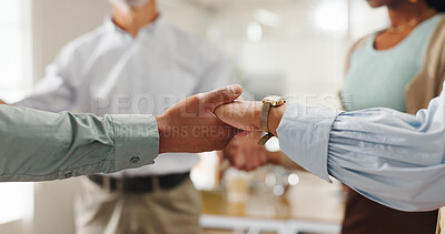 Buy stock photo People, praying and holding hands for support, community and spiritual healing with Christian religion. Group, together and circle with faith, worship and connection in praise, respect and solidarity