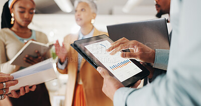 Buy stock photo Senior, manager or business people in meeting with technology for morning feedback or schedule plan. Teamwork, mentor and professional employees with paperwork or tech for brainstorming in office