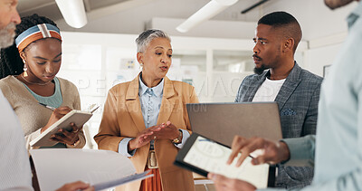 Buy stock photo Senior, manager or business people in meeting with technology for morning feedback or schedule plan. Teamwork, mentor and professional employees with paperwork or tech for brainstorming in office