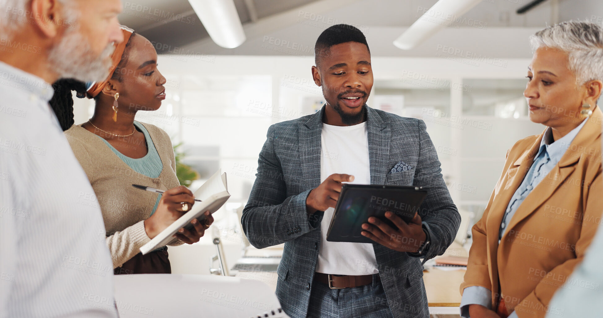 Buy stock photo Business people, laptop or discussion in meeting in office with planning or creative decision making. Collaboration, professional employees and technology in boardroom for project feedback and review