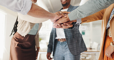 ​​Business people, teamwork and hands together for support, commitment or collaboration with success and mission. Employees or group in circle with stack for target, celebration or clapping for goals
