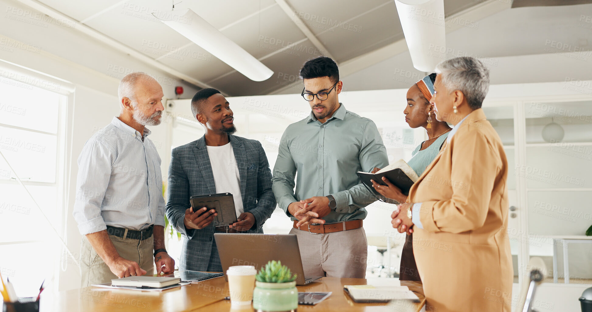 Buy stock photo Business people, laptop or discussion in meeting in boardroom with planning or creative decision making. Teamwork, professional employees or technology in office for project feedback or brainstorming