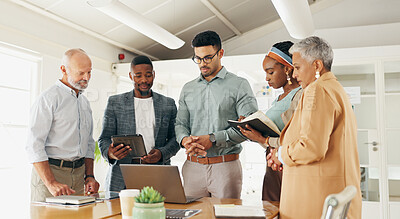 Buy stock photo Business people, laptop or discussion in meeting in boardroom with planning or creative decision making. Teamwork, professional employees or technology in office for project feedback or brainstorming