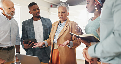 Buy stock photo Senior, woman and business people in meeting with discussion in team for creative decision making. Collaboration, manager or professional employees with paperwork for project planning or instructions