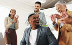 Man, celebration and team with applause by laptop for notification, deal or success in modern office. Group, leader and business people by computer for news, feedback or agreement for project at job