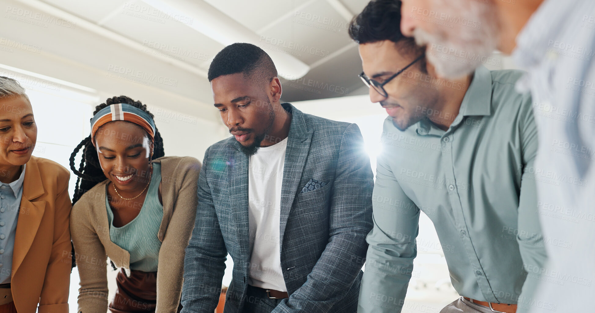 Buy stock photo Business people, planning and discussion in meeting in office with talking and creative decision making. Teamwork, professional employees and listen in boardroom for project feedback or brainstorming