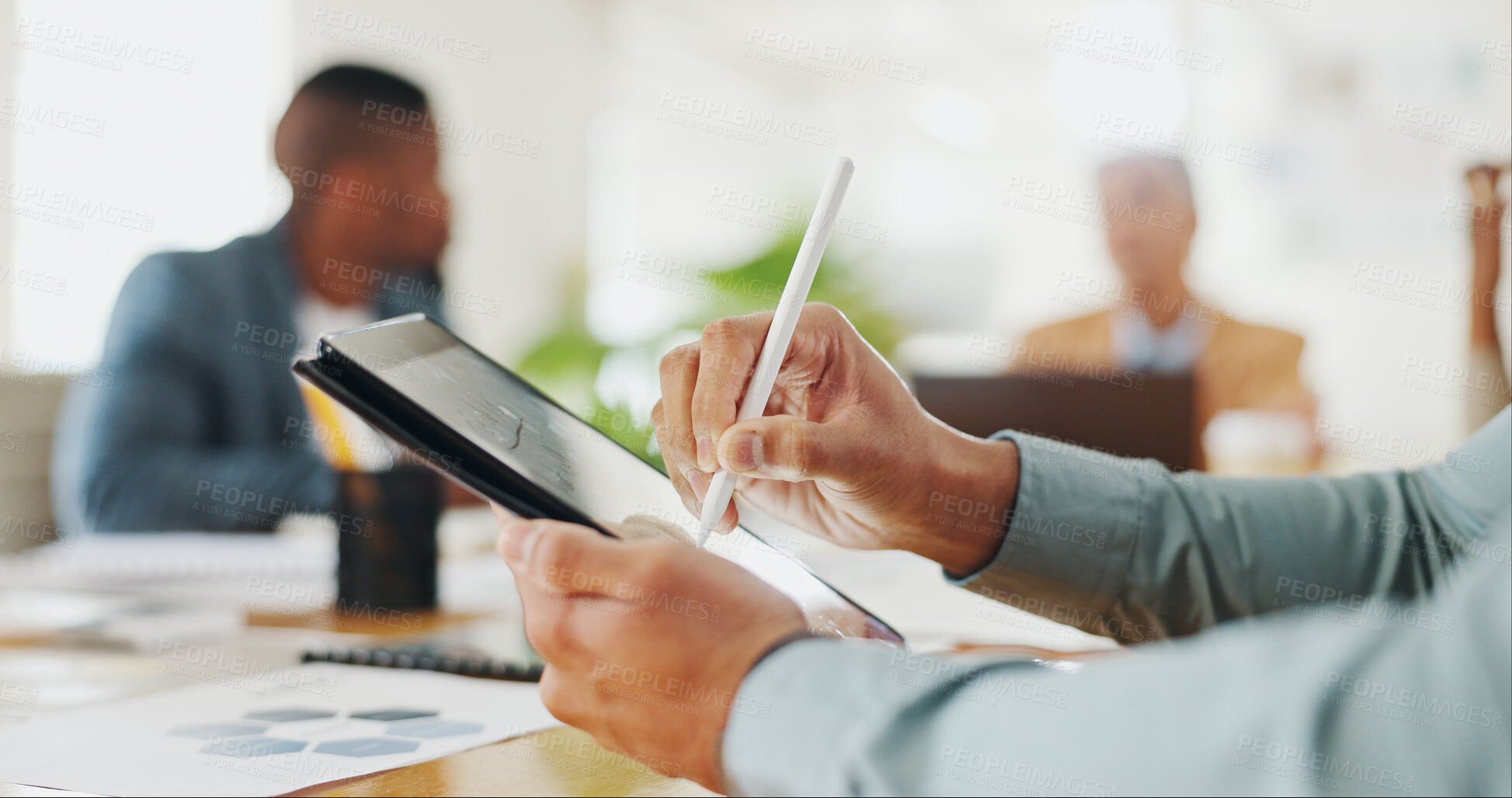 Buy stock photo Meeting, tablet and hands of business people in office for writing notes, website and planning. Teamwork, collaboration and workers on digital tech for report, online review or research at desk