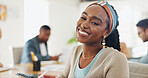 Happy, office and face of business black woman for fashion design, creative startup and company. Professional style, lens flare and portrait of worker with confidence, pride and smile in workplace