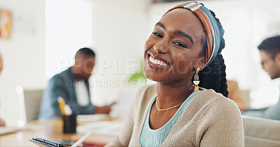 Happy, office and face of business black woman for fashion design, creative startup and company. Professional style, lens flare and portrait of worker with confidence, pride and smile in workplace