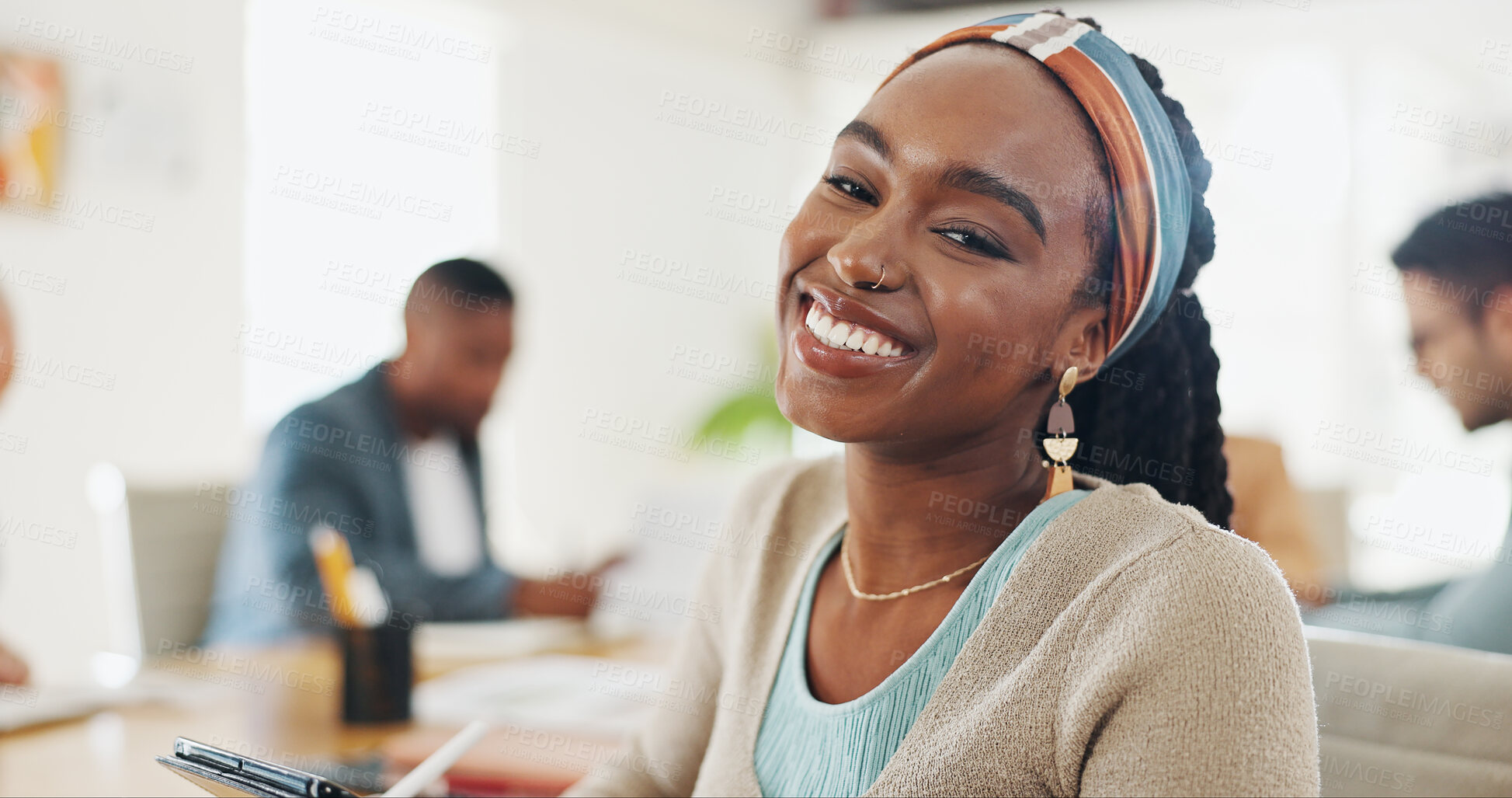 Buy stock photo Happy, office and face of business black woman for fashion design, creative startup and company. Professional style, lens flare and portrait of worker with confidence, pride and smile in workplace