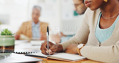 Buy stock photo Book, hands or business woman writing in office with agreement for planning, research or listening to feedback, review or agenda checklist. Notebook, planner or manager with journal for meeting notes