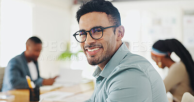 Business man, face and planning in meeting with notes for accounting, finance and revenue at startup company. Portrait of smart worker, accountant or auditor in glasses writing and smile for about us