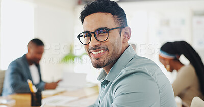 Buy stock photo Business man, face and planning in meeting with notes for accounting, finance and revenue at startup company. Portrait of smart worker, accountant or auditor in glasses writing and smile for about us