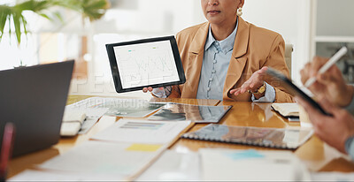 Screen, tablet and hands of business people in meeting for statistics, website and planning. Teamwork, creative and men and women on digital tech for data analysis, review and research in office