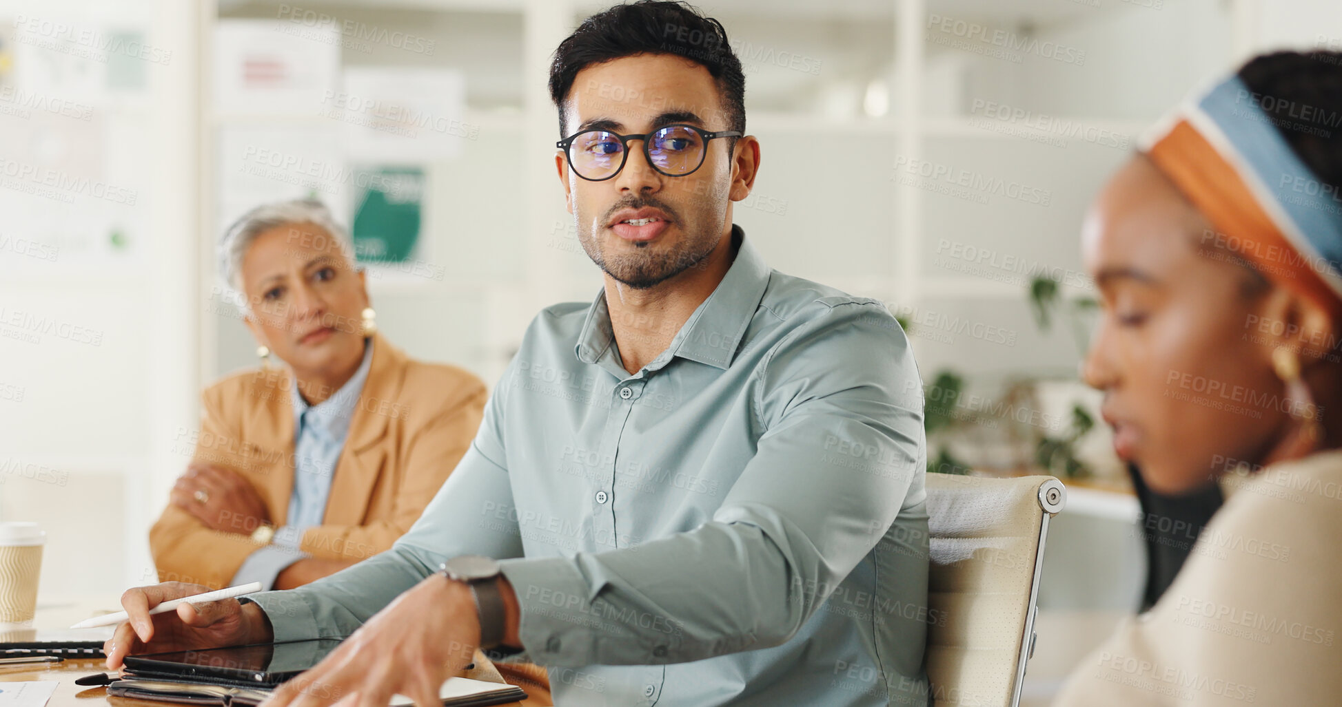 Buy stock photo Business people, planning and talking in meeting in office with discussion and creative decision making. Teamwork, professional employees and listen in boardroom for project feedback or brainstorming