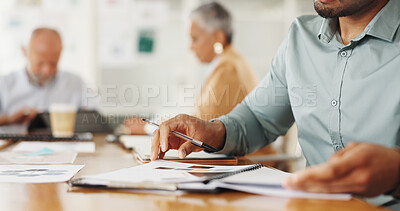 Buy stock photo Hands, writing and business people with documents in office for financial, report and budget, savings or review. Economy, paperwork and accounting team with portfolio for investment plan compliance