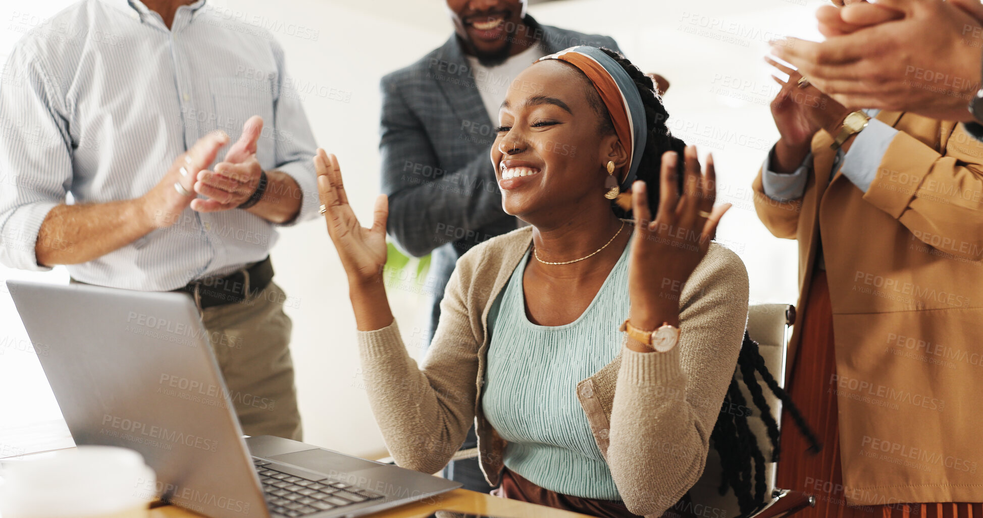 Buy stock photo Wow, happy and business people with applause in office celebration for winner, feedback or review. Deal, success or team clapping for teamwork effort, growth or mission, profit or sales milestone