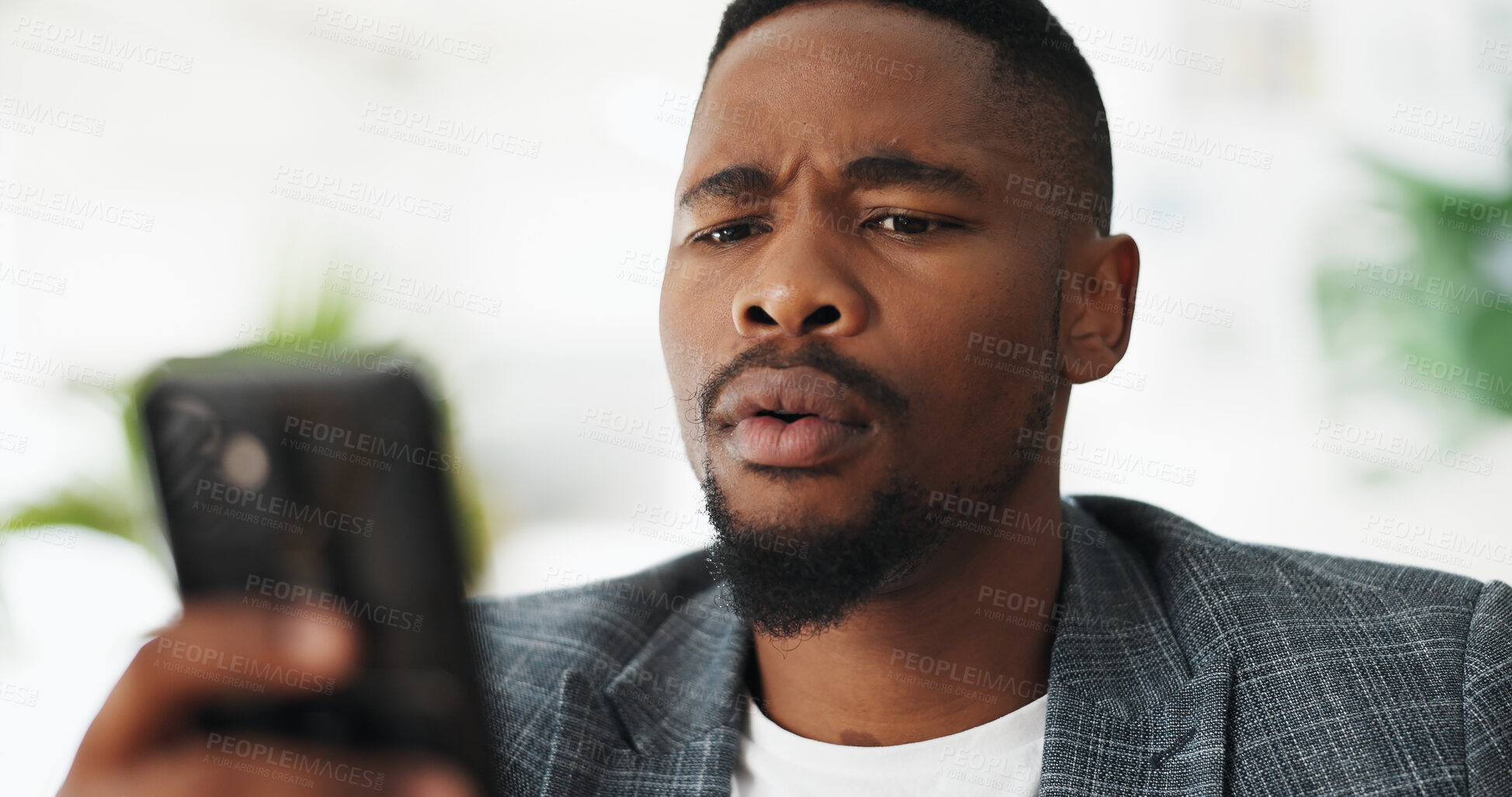 Buy stock photo Man, phone and surprised with bad news in home with wow emoji, shocked and anxiety with notification. African person, smartphone and stress with online phishing, internet glitch and 404 spam problem