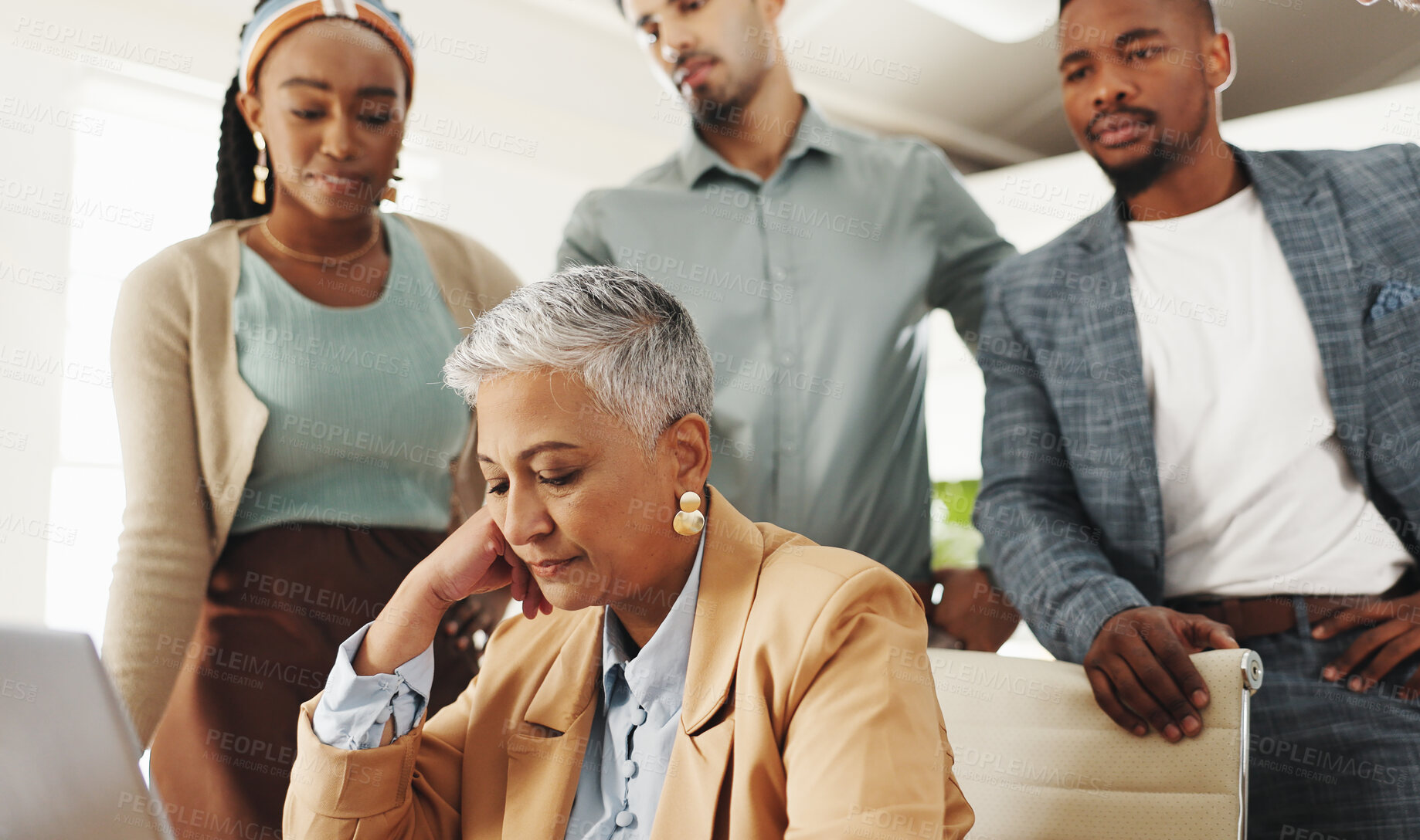 Buy stock photo Stress, teamwork and business people with laptop for online mistake, error and client feedback. Professional, collaboration and men and women on computer with crisis, fail and mistake in office