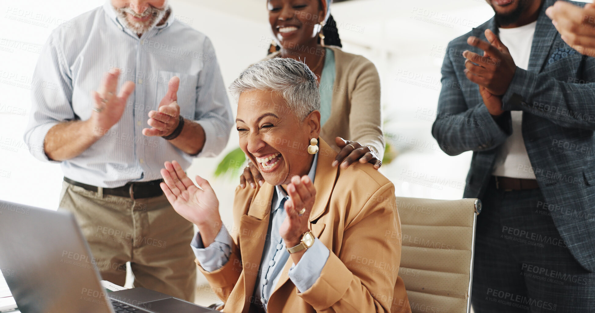 Buy stock photo Woman, team and throw paper for celebration with applause, happy and high five for success in workplace. Executive, leader and group in modern office with documents, deal and achievement with laptop