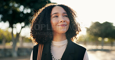 Buy stock photo Outdoor, business woman and thinking with smile after work, weekend plans and happy to finish job. Creative career, brainstorming and ideas while travel, commute and journey outside in nature