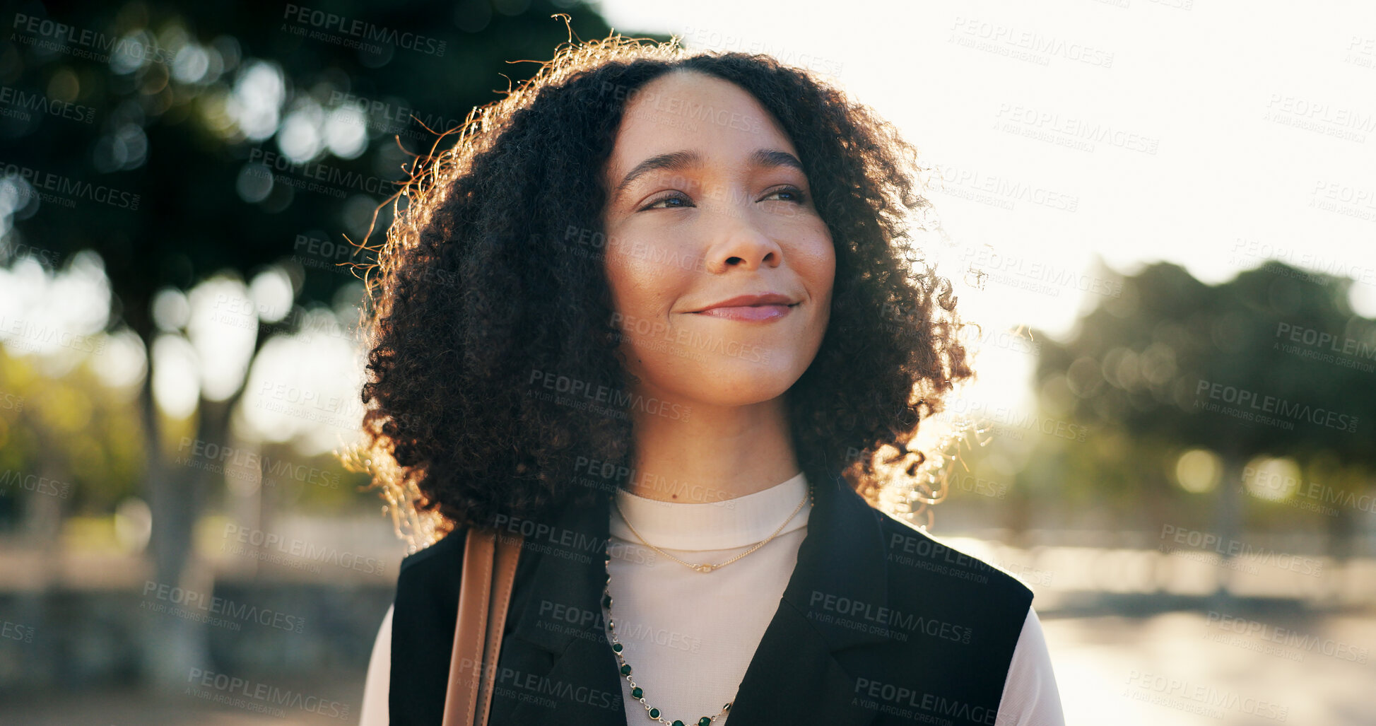 Buy stock photo Outdoor, business woman and thinking with smile after work, weekend plans and happy to finish job. Creative career, brainstorming and ideas while travel, commute and journey outside in nature