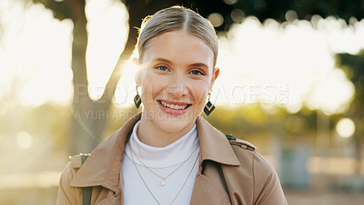 Buy stock photo Happy, businesswoman and face with smile for morning commute to work for ambition in career. Confident, female person or entrepreneur and travel to office with vision for growth and lens flare