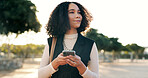 Outdoor, thinking and business woman with smartphone for chat, social media or track location of taxi. After work, female journalist and cellphone for typing, networking and text message with smile