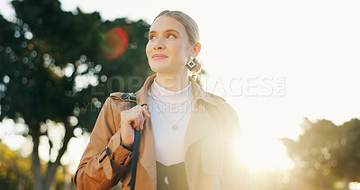 Buy stock photo Smile, thinking and vision with business woman outdoor in park for morning commute to work. Future, idea and mindset of happy employee walking in park with mission of ambition at start of career