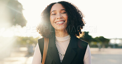 Buy stock photo Outdoor, business woman and face with smile after work, weekend plans and happy to finish job. Creative career, professional and pride of journalist while travel, commute and journey in park