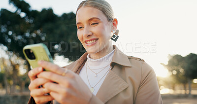 Cellphone, texting and woman outside for commute to work, sunrise and communication online. Smartphone, mobile or virtual conversation for travel, professional and social media or networking in road
