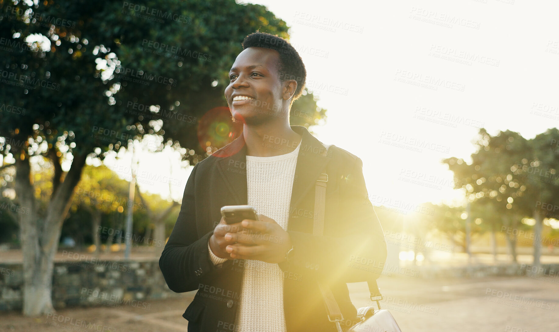 Buy stock photo Business, black man and walking on phone outdoor for morning commute, work travel and happy for sunlight. Professional, employee and smartphone with typing, text message and notification for journey