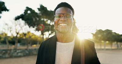 Portrait, black man and smile for commute to work, professional and travel to office. Face, morning and businessman with eyewear for law firm attorney, employee and happy with confidence and glasses