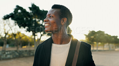 Portrait, black man and thinking for commute to work, professional and travel to office. Face, morning and inspired in Kenya for law firm attorney, employee and happy with confidence and sunshine