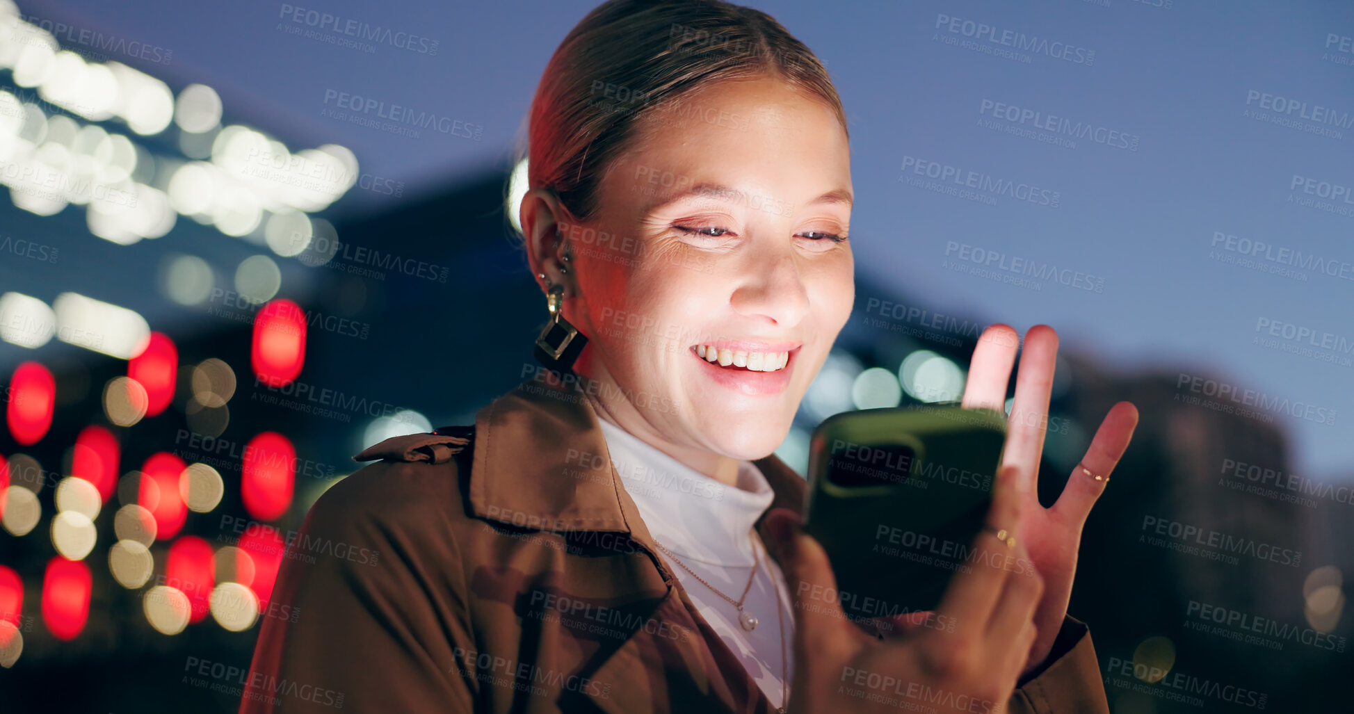 Buy stock photo Woman, smile and outdoor with smartphone for voice note at night for conversation on social media in New York. Female person, happy and voicemail message for networking or communication on mobile app