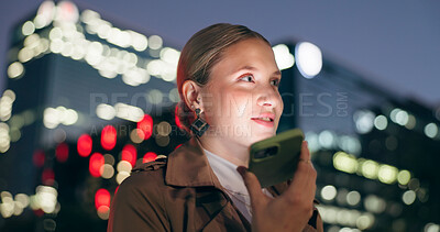 Woman, smile and outdoor with smartphone for voice note at night for conversation on social media in New York. Female person, happy and voicemail message for networking or communication on mobile app