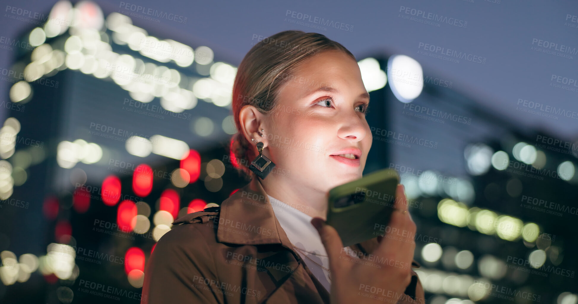 Buy stock photo Woman, smile and outdoor with smartphone for voice note at night for conversation on social media in New York. Female person, happy and voicemail message for networking or communication on mobile app