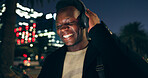 Black man, outdoor and dancing on smartphone with headphone for music playlist, entertainment at night in New York. Female person, happy and internet for streaming platform with song and video